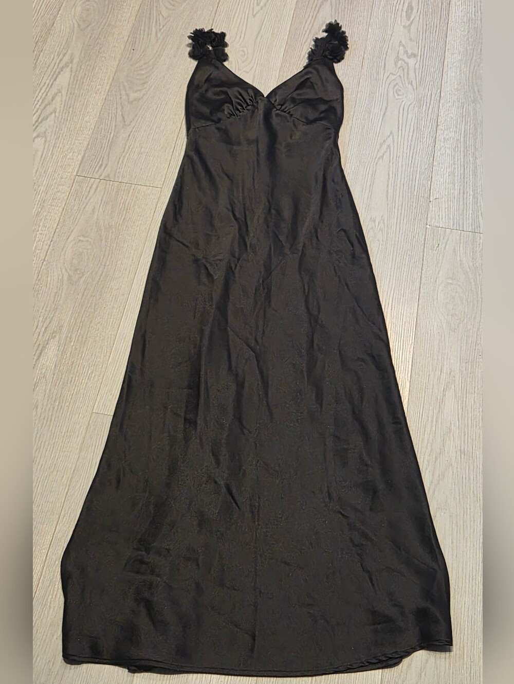 Black Satin Maxi Slip Dress with Ruffle-Strap Detail